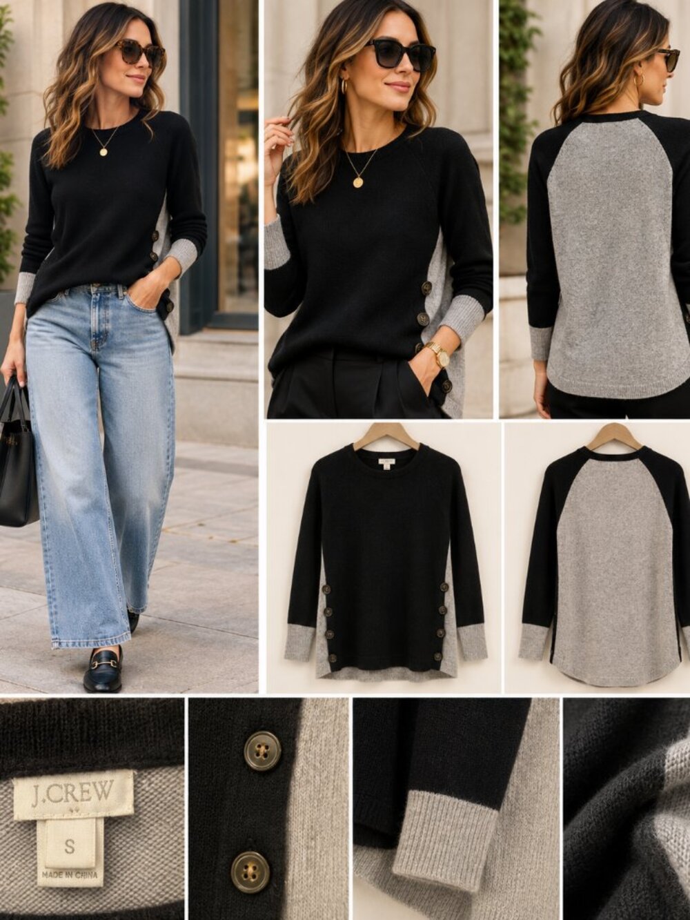 J.Crew Sweater Womens S Black Gray Wool Cashmere Blend Side Button Colorblock